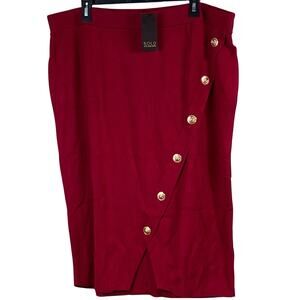 Bold Elements Pencil Skirt Size 1X Red Knit Gold Lion Buttons Elastic Waist NEW